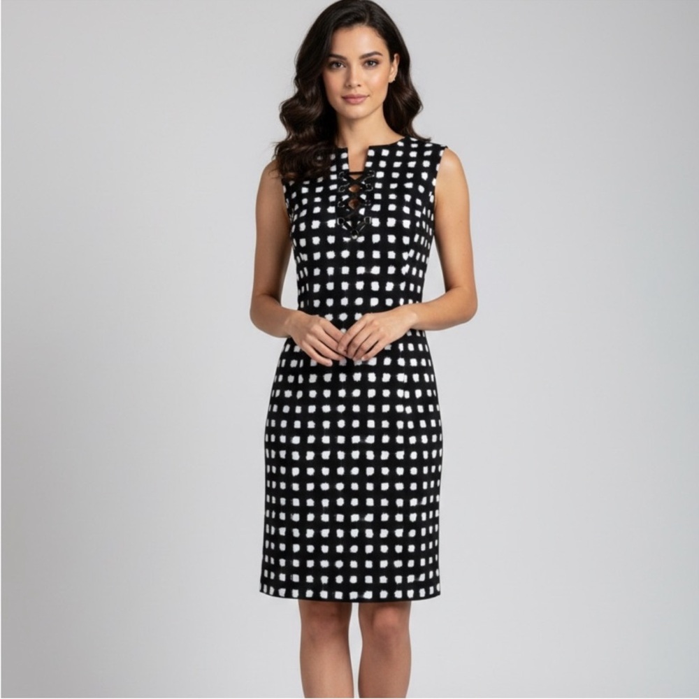 Tahari ASL Navy/White Split Neck Lace-up Stretch Sheath Dress Size 8 Petite